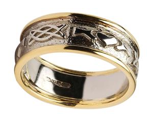 Mens 14k Gold Claddagh Celtic Knot Wedding Band with White Gold Centre and Yellow Gold Trim WBWED248
